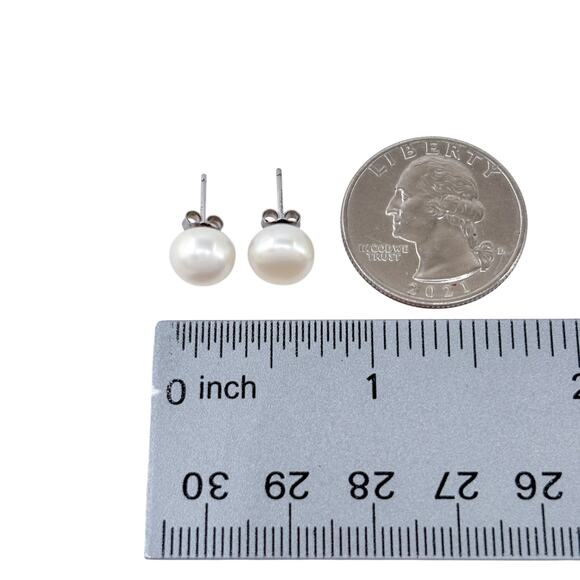 Estate Sterling Silver 925 8.1mm White Pearl Stud Earrings - Picture 7 of 8